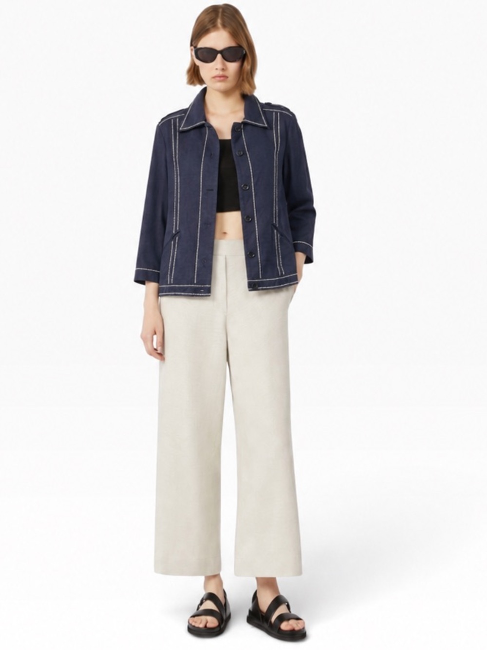 Vintage Sportmax Max Mara 100% Linen Contrast Stitch Jacket Navy Blue Size 10